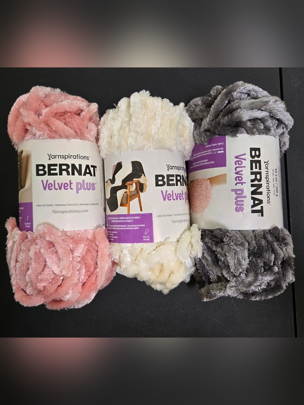 Bernat Velvet Plus Plush Yarn Trio - Pink, Cream, Gray